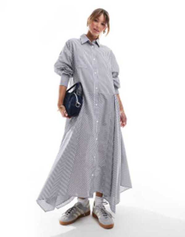 エイソス レディース ワンピース トップス ASOS DESIGN maxi shirt dress with wide skirt and cuff detail in blue stripe Blue stripeの通販は