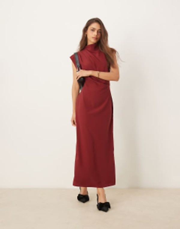 エイソス レディース ワンピース トップス ASOS DESIGN high neck sleeveless midi dress with draped neck in burgundy Burgundyの通販は