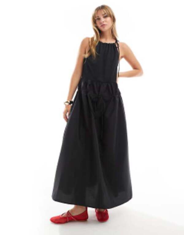 エイソス レディース ワンピース トップス ASOS DESIGN hybrid jersey high neck maxi dress with parachute midi skirt in black Black