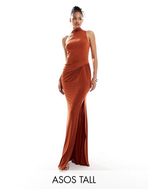 エイソス レディース ワンピース トップス ASOS DESIGN Tall slinky maxi dress with asymmetric neckline in rust Rustの通販は