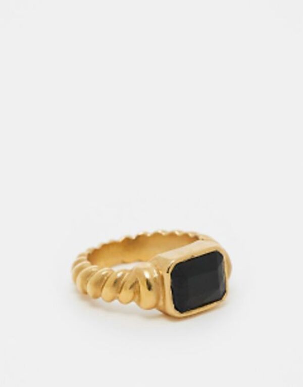 エイソス メンズ リング アクセサリー ASOS DESIGN waterproof stainless steel slim band ring with black stone in gold tone GOLD