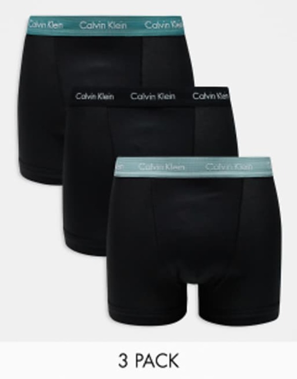 カルバンクライン メンズ トランクス アンダーウェア Calvin Klein Cotton Stretch 3 pack trunk with colored waistbands in black Blac