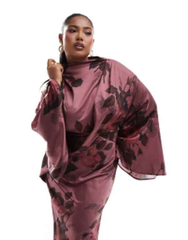 エイソス レディース ワンピース トップス ASOS DESIGN Curve satin wrap maxi dress with drape bodice and kimono sleeve in pink flor