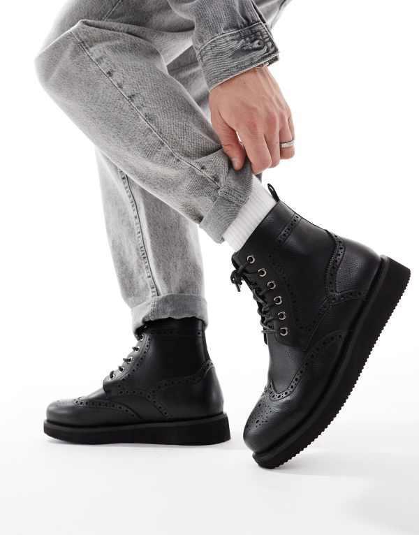 エイソス メンズ ブーツ・レインブーツ シューズ ASOS DESIGN lace up brogue boots in black with wedge sole Black