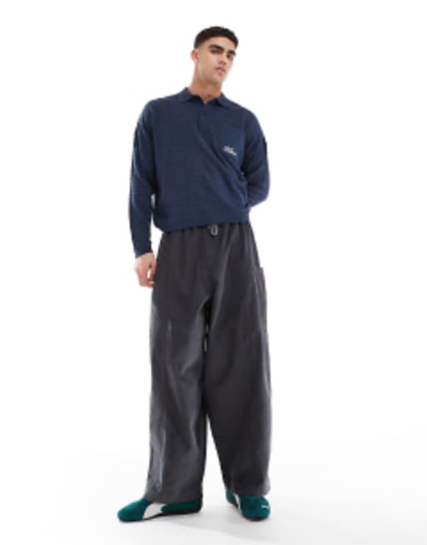 エイソス メンズ カジュアルパンツ ボトムス ASOS DESIGN baggy balloon cord pants with side pockets in charcoal CHARCOALの通販は