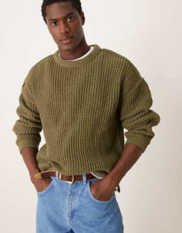 エイソス メンズ ニット・セーター アウター ASOS DESIGN relaxed chenille crew neck rib knit sweater in olive Khakiの通販は