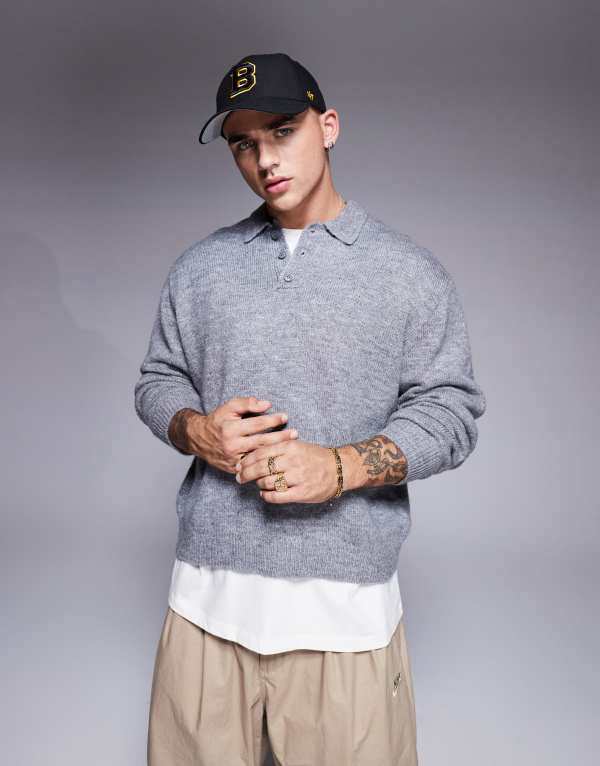 エイソス メンズ ポロシャツ トップス ASOS DESIGN oversized boxy fit knitted polo in gray Gray