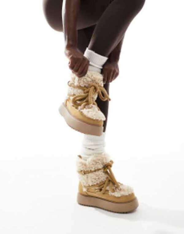 エイソス レディース ブーツ・レインブーツ シューズ ASOS DESIGN Alpine shearling lace up snow boots in beige BEIGEの通販は