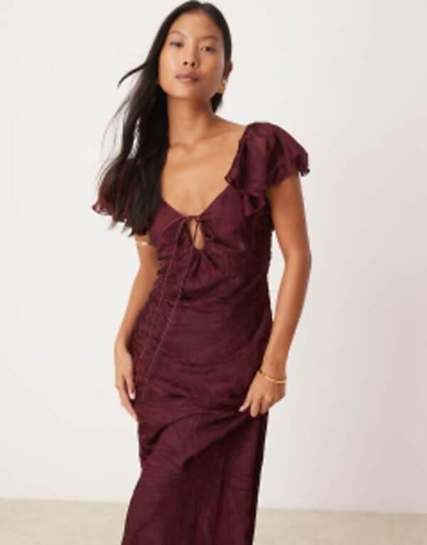 エイソス レディース ワンピース トップス ASOS DESIGN Petite flutter sleeve burnout maxi dress in aubergine Aubergineの通販は