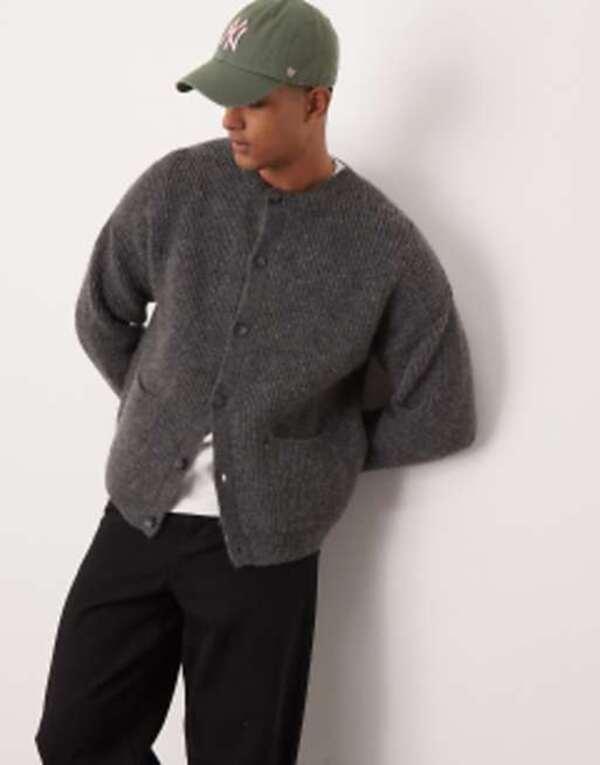 エイソス メンズ カーディガン アウター ASOS DESIGN relaxed boxy fit heavyweight knitted wool mix crew neck cardigan in gray Grayの通販は