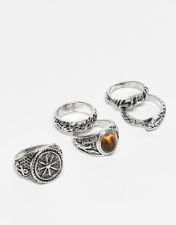 エイソス メンズ リング アクセサリー ASOS DESIGN 5 pack ring set with compass and faux tigers eye stone in burnished silver toneの通販は