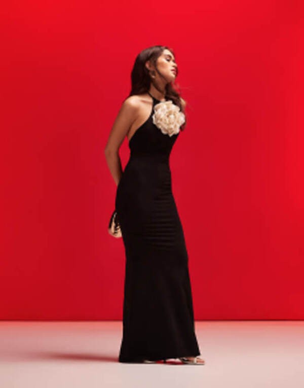 エイソス レディース ワンピース トップス ASOS DESIGN oversized corsage halter maxi dress with low back in black Black