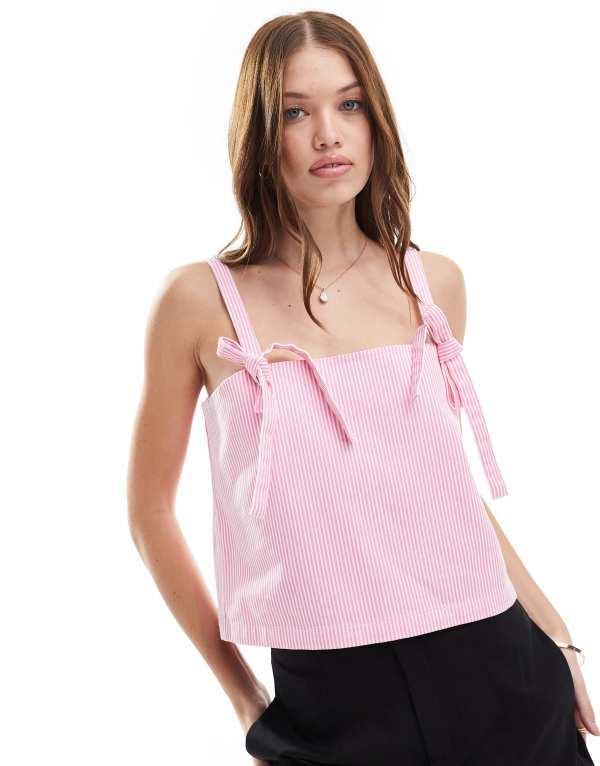 エイソス レディース シャツ トップス ASOS DESIGN denim bow strap top in pink stripe Multi