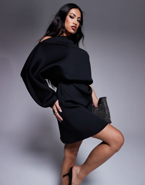 エイソス レディース ワンピース トップス ASOS DESIGN scuba micro mini dress with volume sleeves in black Black