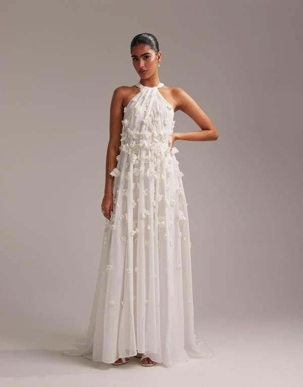 エイソス レディース ワンピース トップス ASOS DESIGN 3D floral statement halter maxi wedding dress in ivory IVORY