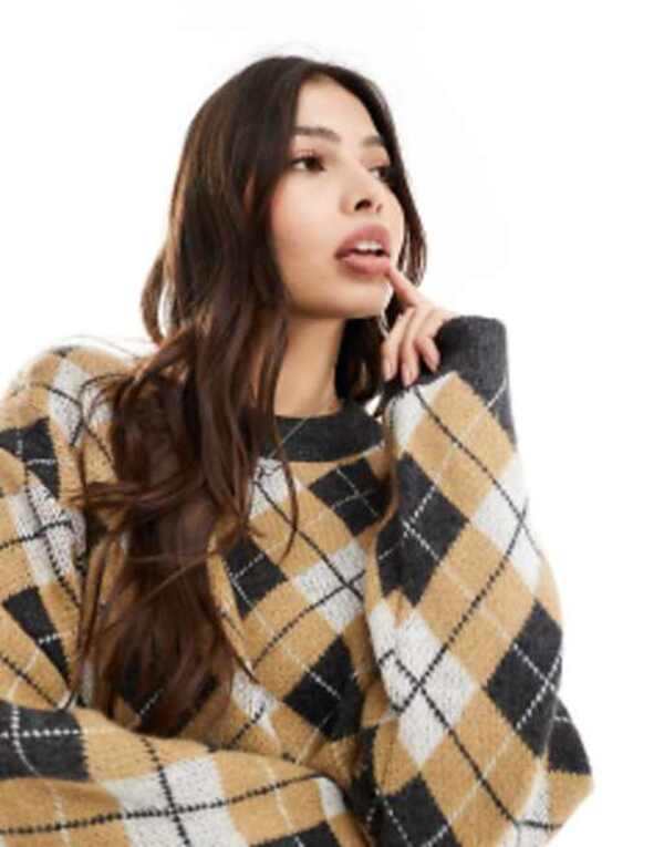 エイソス レディース ニット・セーター アウター ASOS DESIGN fluffy boxy sweater in argyle knit Multiの通販は