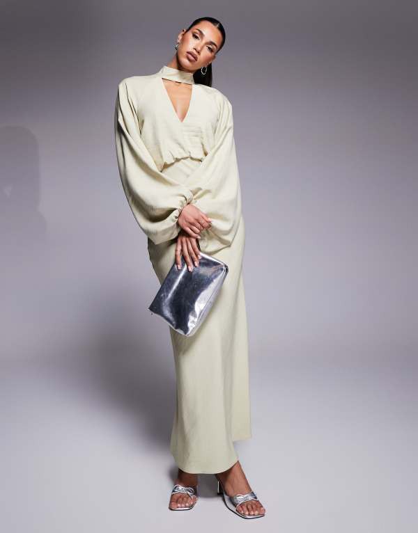 エイソス レディース ワンピース トップス ASOS DESIGN high neck plunge maxi dress with blouson sleeves in soft green Soft green