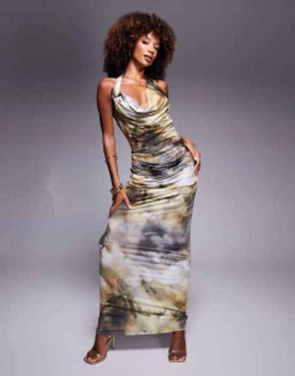 ◇Donna Karan プリントタイフロントAラインリネンワンピース