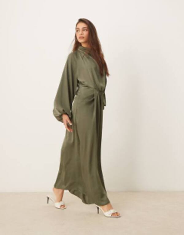 エイソス レディース ワンピース トップス ASOS DESIGN draped blouson sleeve satin maxi dress in olive OLIVEの通販は