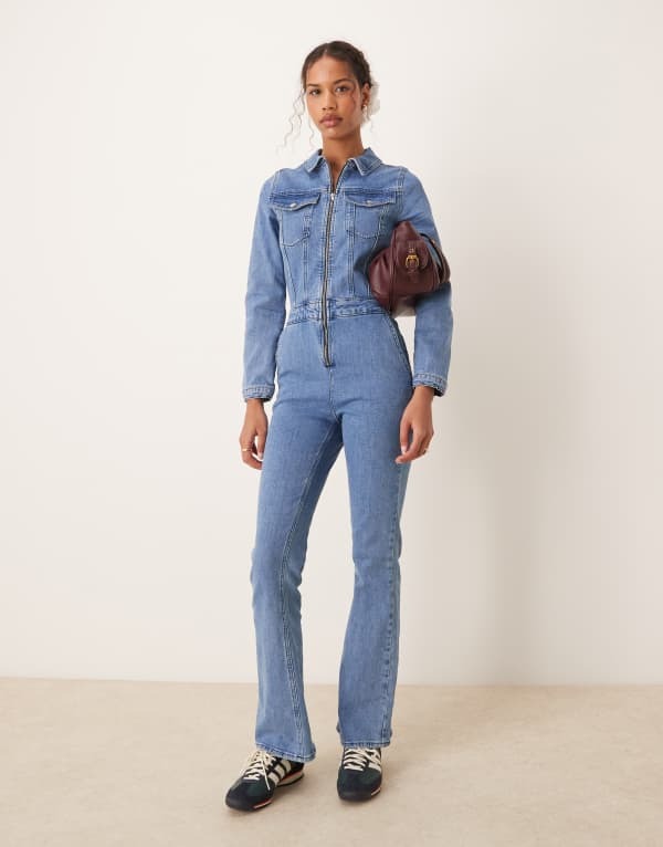 エイソス レディース シャツ トップス ASOS DESIGN denim long sleeve jumpsuit in mid blue Blue