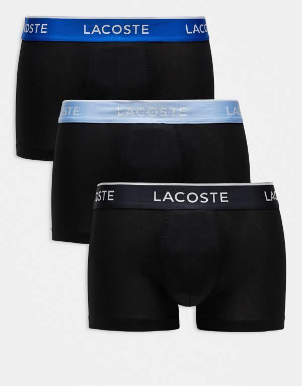 ラコステ メンズ トランクス アンダーウェア Lacoste 3 pack trunks in black with blue waistbands Black トランクス