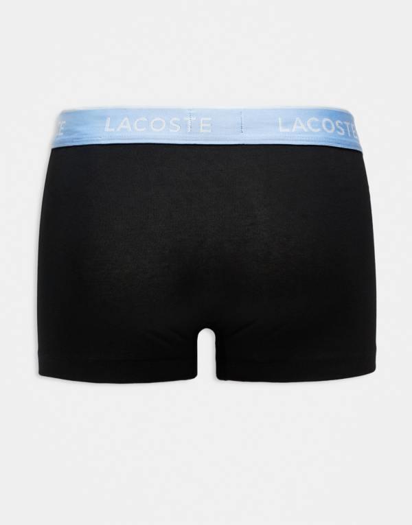 ラコステ メンズ トランクス アンダーウェア Lacoste 3 pack trunks in black with blue waistbands Black トランクス