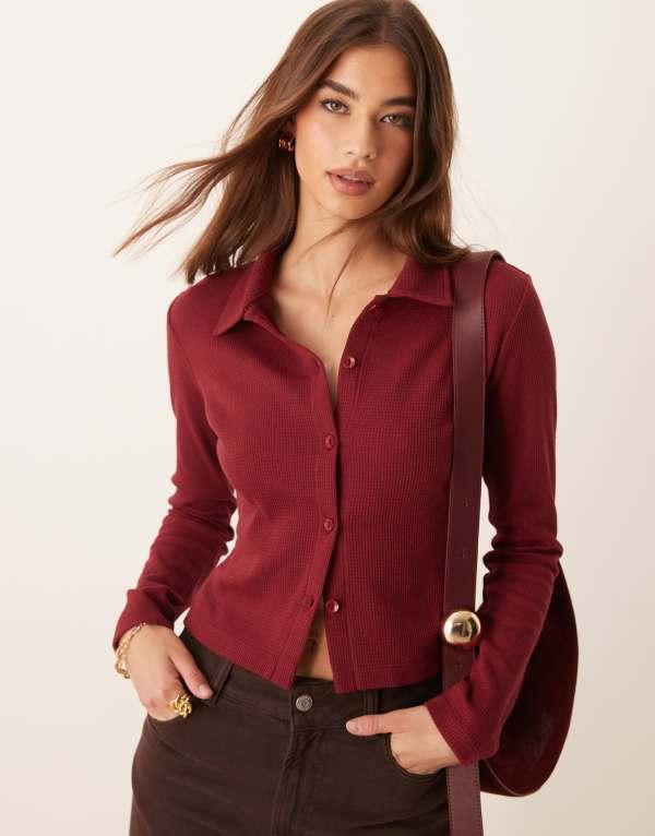 エイソス レディース シャツ トップス ASOS DESIGN waffle knit shrunken shirt in burgundy Burgundy