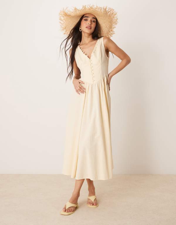 エイソス レディース ワンピース トップス ASOS DESIGN V-neck button through maxi dress with dropped waist in stone Stone