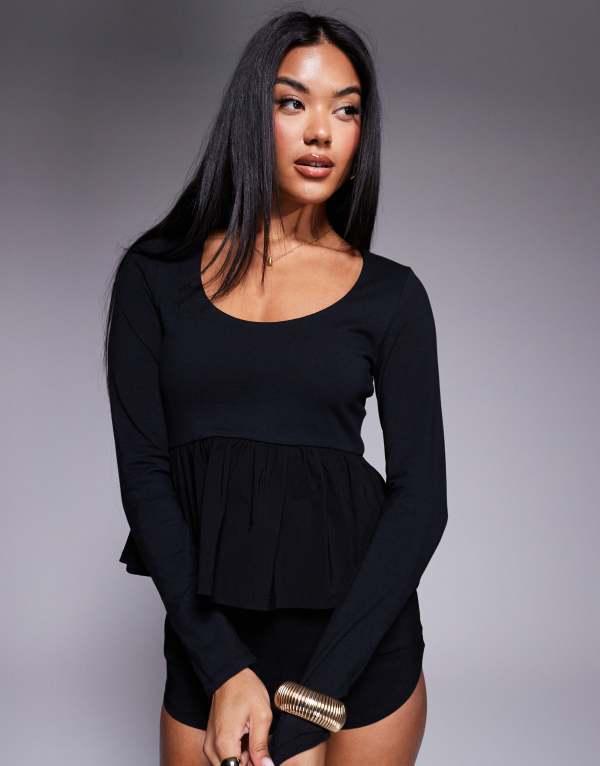 エイソス レディース Tシャツ トップス ASOS DESIGN scoop neck long sleeve top with peplum hem in black Black