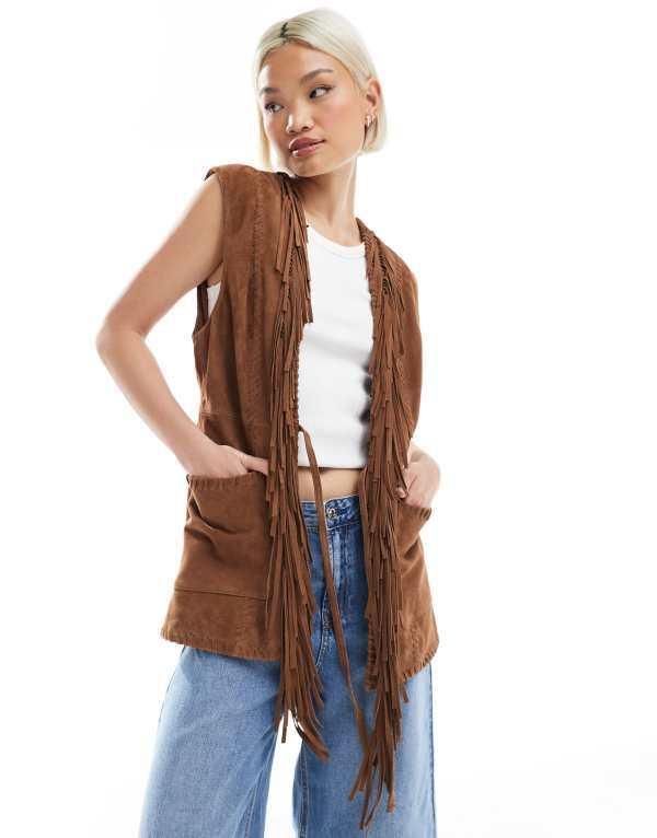 エイソス レディース ジャケット・ブルゾン アウター ASOS DESIGN premium suede fringe vest in light tan Light tan
