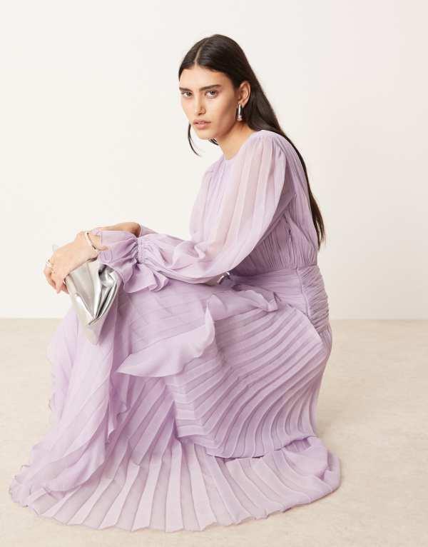 ASOS 紫 プリーツ ロングドレス