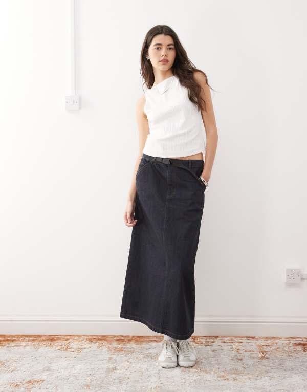 グラミチ レディース スカート ボトムス Gramicci japanese denim midi skirt in indigo Navy