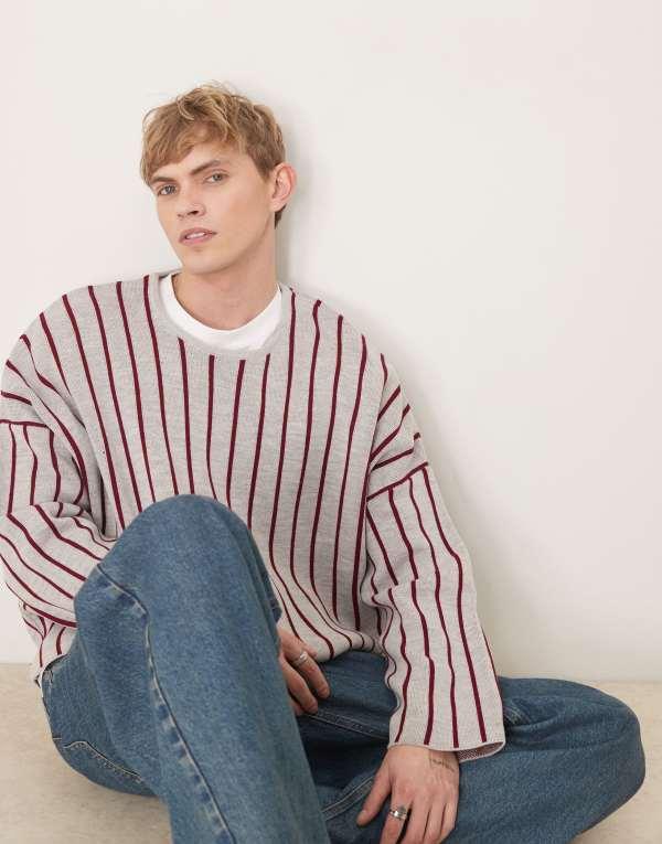 エイソス メンズ ニット・セーター アウター ASOS DESIGN super oversized boxy fit knit crew neck sweater in with stripes in light g