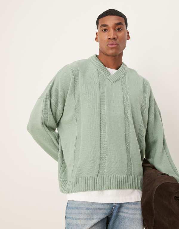エイソス メンズ ニット・セーター アウター ASOS DESIGN super oversized boxy fit ribbed knitted v neck sweater in sage green SAGE