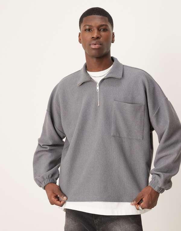 エイソス メンズ ニット・セーター アウター ASOS DESIGN heavyweight oversized boxy sweatshirt with zip funnel neck in gray rib Gra