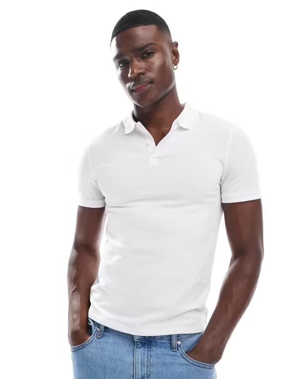 エイソス メンズ ポロシャツ トップス ASOS DESIGN essentials muscle fit polo in white pique WHITE