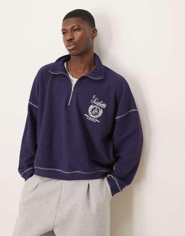 エイソス メンズ ニット・セーター アウター ASOS DESIGN oversized dropped shoulder funnel neck sweatshirt with embroidery in navy