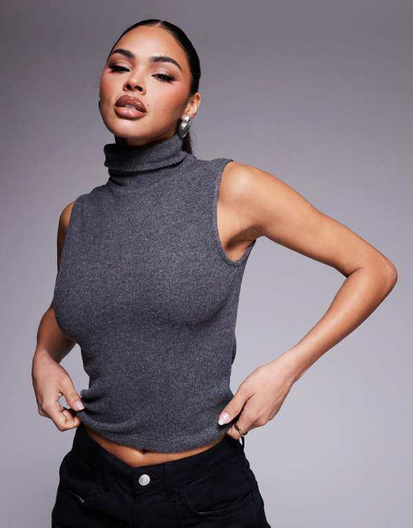 エイソス レディース Tシャツ トップス ASOS DESIGN high neck sleeveless top in charcoal Charcoal