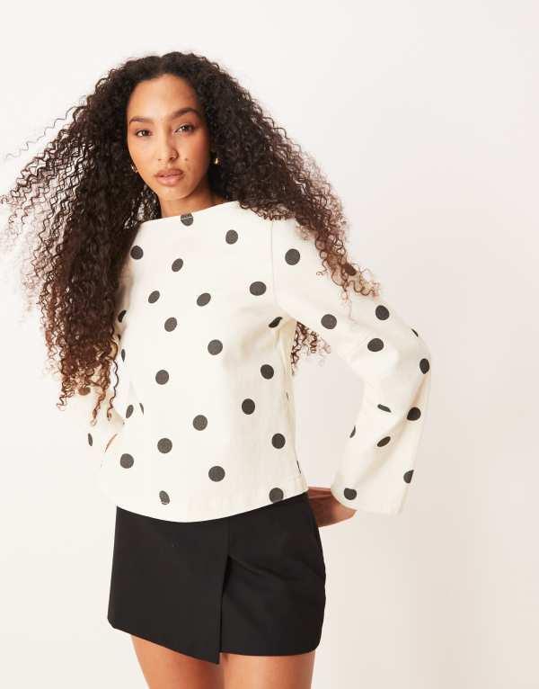 エイソス レディース シャツ トップス ASOS DESIGN cocoon sleeve denim top in polka dot print Cream