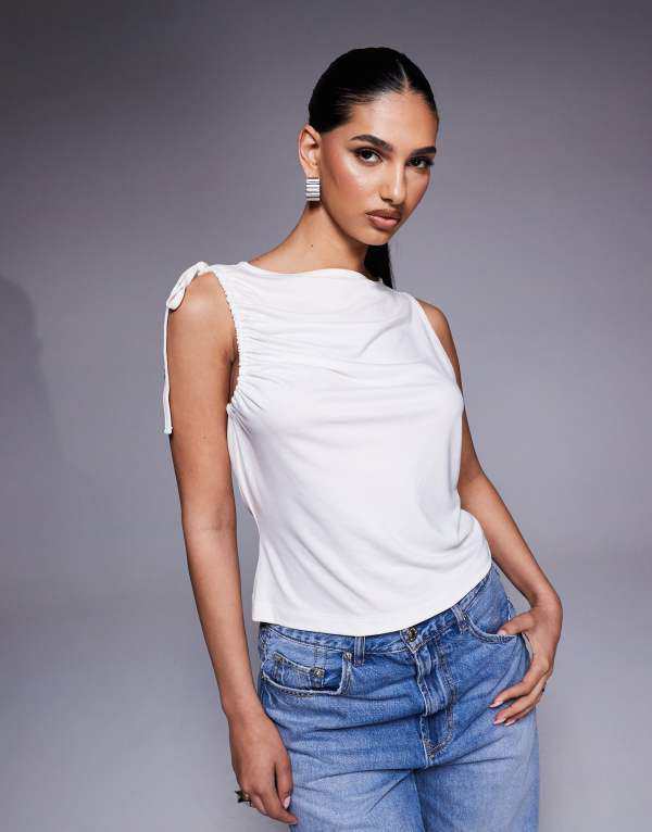 エイソス レディース シャツ トップス ASOS DESIGN ruched tie sides cupro tank top in cream CREAM