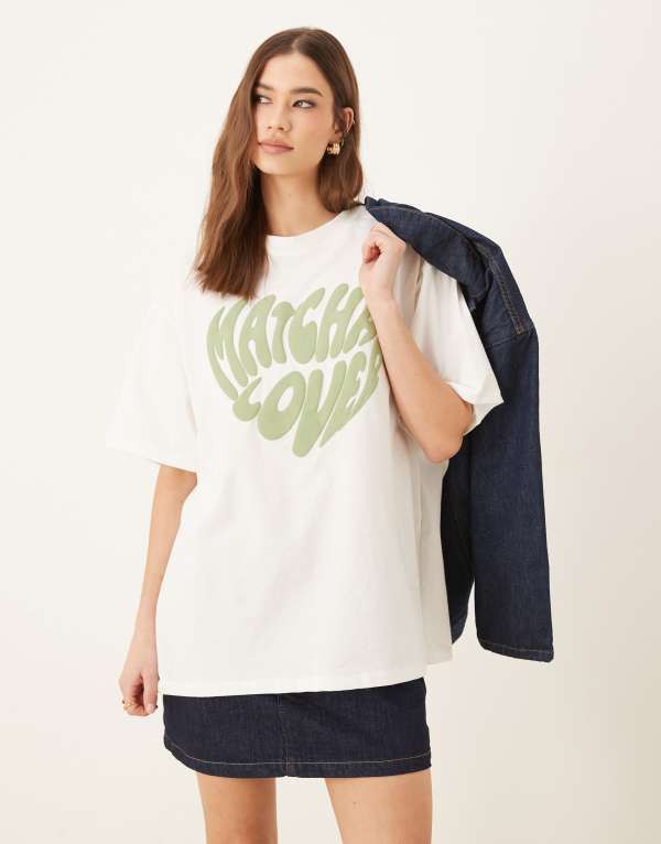 エイソス レディース Tシャツ トップス ASOS DESIGN oversized t-shirt with matcha graphic in white WHITE