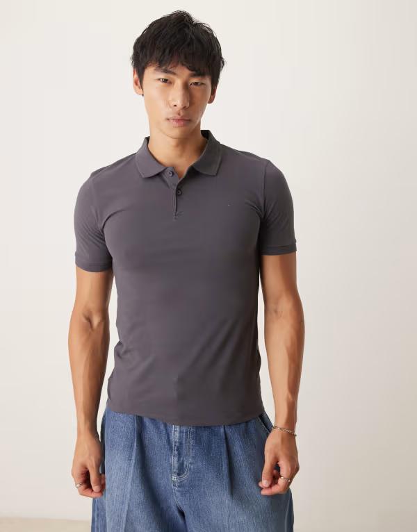 エイソス メンズ ポロシャツ トップス ASOS DESIGN essentials muscle fit polo in charcoal pique Asphalt