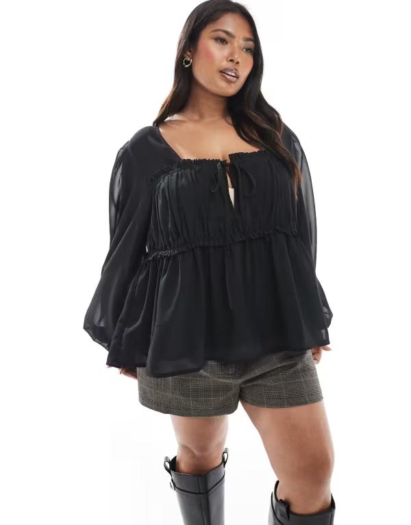 エイソス レディース シャツ トップス ASOS DESIGN Curve sheer yoke ruched detail blouse in black Black
