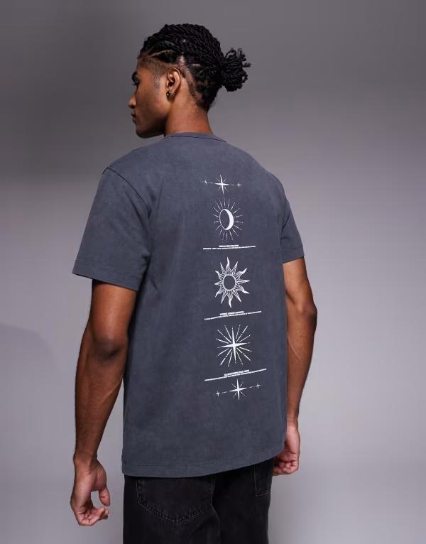 エイソス (ASOS DESIGN) メンズ Tシャツ トップス Oversized T-Shirt In Black Bleach Tie Dye With Chest Print (ブラック) エイソス メンズ Tシャツ トップス ASOS DESIGN heavyweight relaxed T