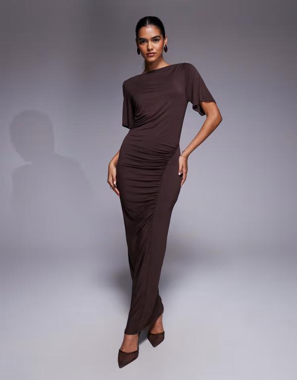 エイソス (ASOS EDITION) レディース ワンピース ワンピース・ドレス Asos Edition Long Sleeve Scoop Neck Knitted Maxi Dress In Charcoal (チャコール) asos（エイソス）の「Asos Edition ASOS EDITION kimono sleeve drape