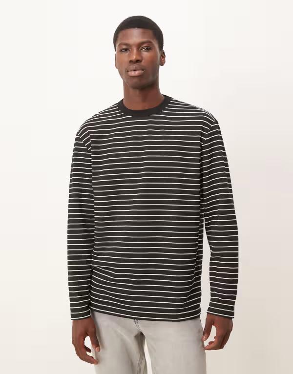 エイソス (ASOS DESIGN) メンズ 長袖Tシャツ トップス Oversized Long-Sleeve T-Shirt In Black With Double Layer Sleeve And Back Print (ブラック) asos（エイソス）の「ASOS DESIGN relaxed long sleeve t-shirt with