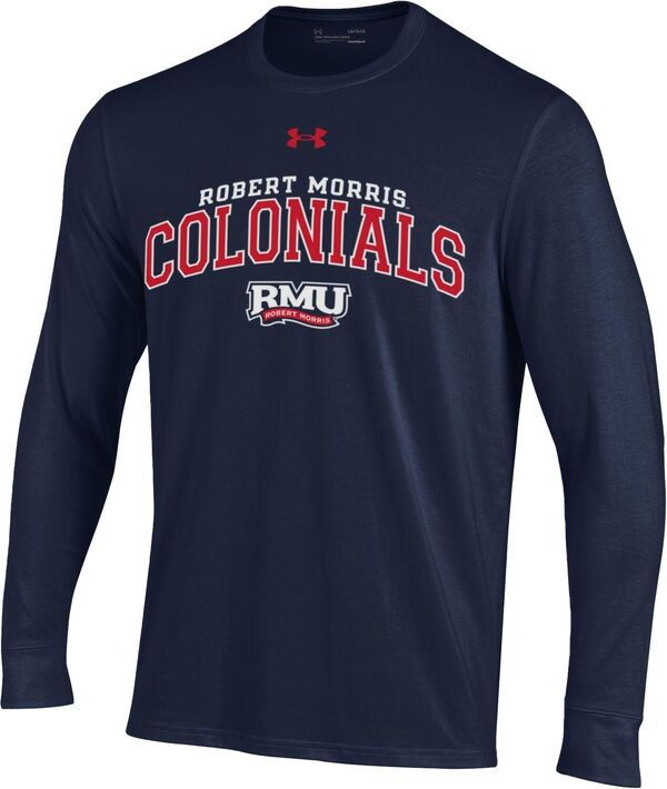 アンダーアーマー メンズ Tシャツ トップス Under Armour Men's Robert Morris Colonials Navy Blue Performance Cotton Longsleeve T-Sh