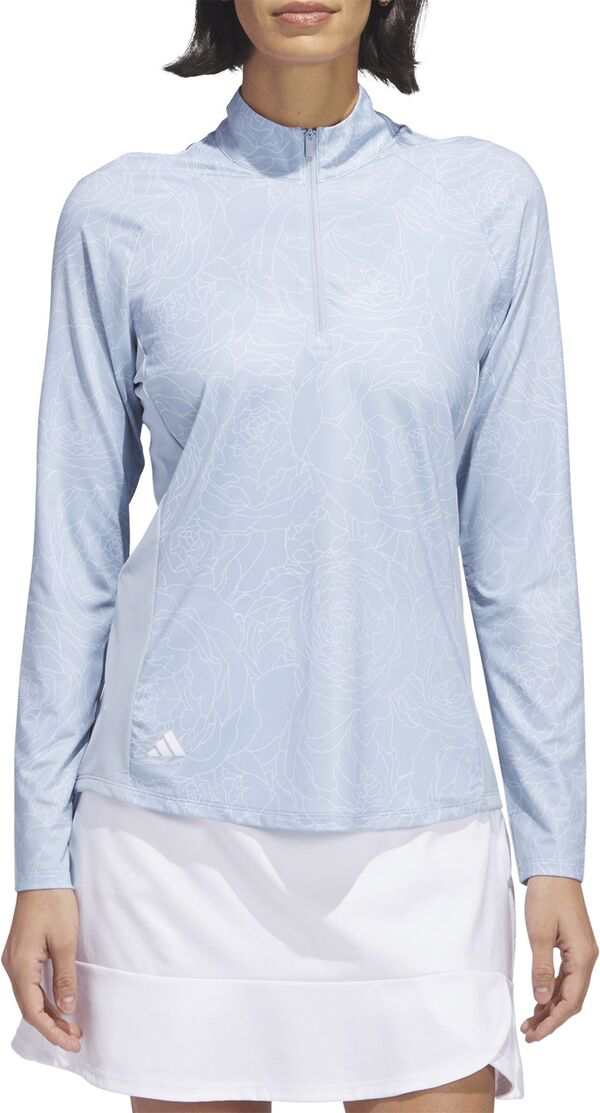 アディダス レディース シャツ トップス Adidas Women's Essentials Long Sleeve 1/4 Zip Printed Mock Wonder Blue