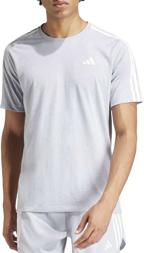 アディダス メンズ Tシャツ トップス adidas Men's Own The Run 3-Stripes Short Sleeve T-Shirt Halo Silver