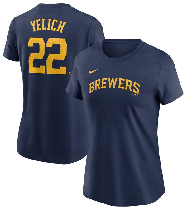 ナイキ レディース Tシャツ トップス Nike Women's Milwaukee Brewers Christian Yelich #22 Navy Home T-Shirt